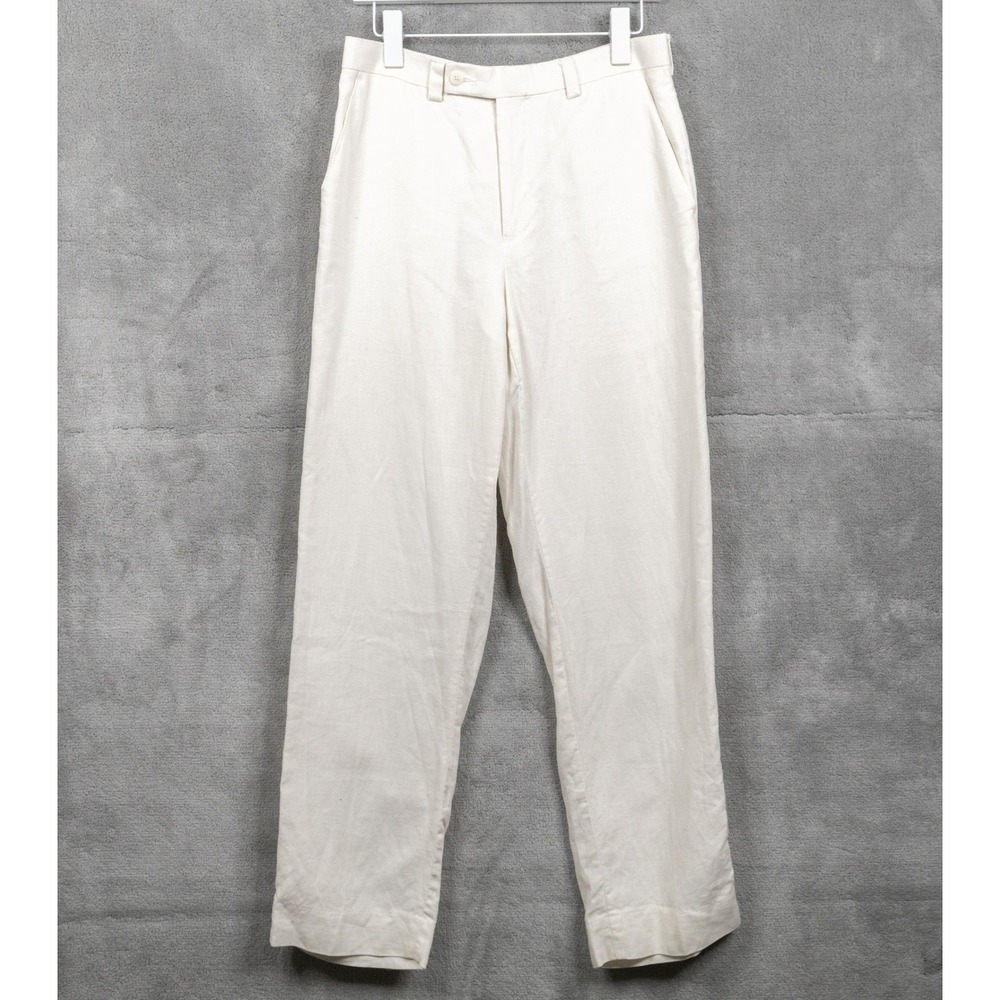 CALVIN KLEIN 100% Linen Flat Front Straight Leg Trousers White Mens Sz 32x32